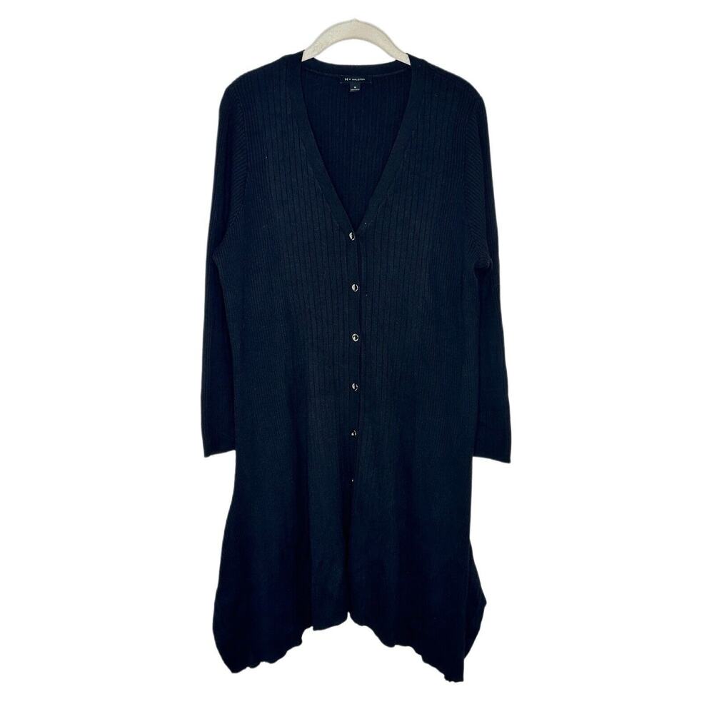 H by Halston Women’s Black Ribbed V Neck Button Cardigan Asymmetrical Hem Sz 1X
